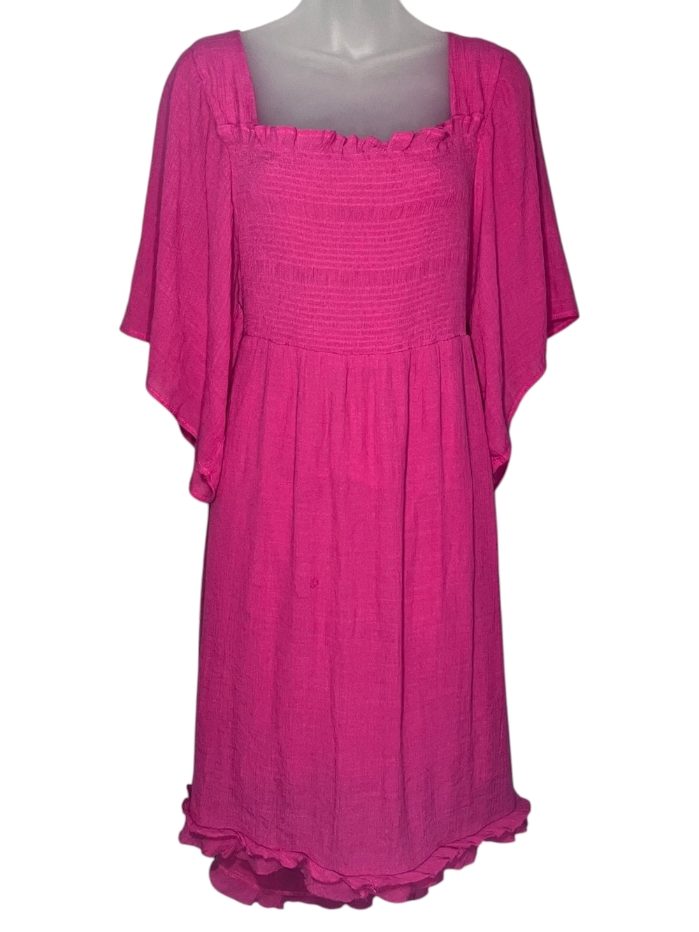 Umgee XL Fuchsia Smocked Square Neck Tie Dipped Back Midi Dress Ruffle Hem Boho